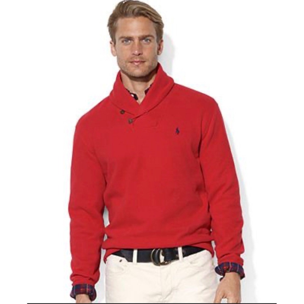 Polo Ralph Lauren Mens Red Shawl Collar Cotton Pullover Sweater Large Logo
